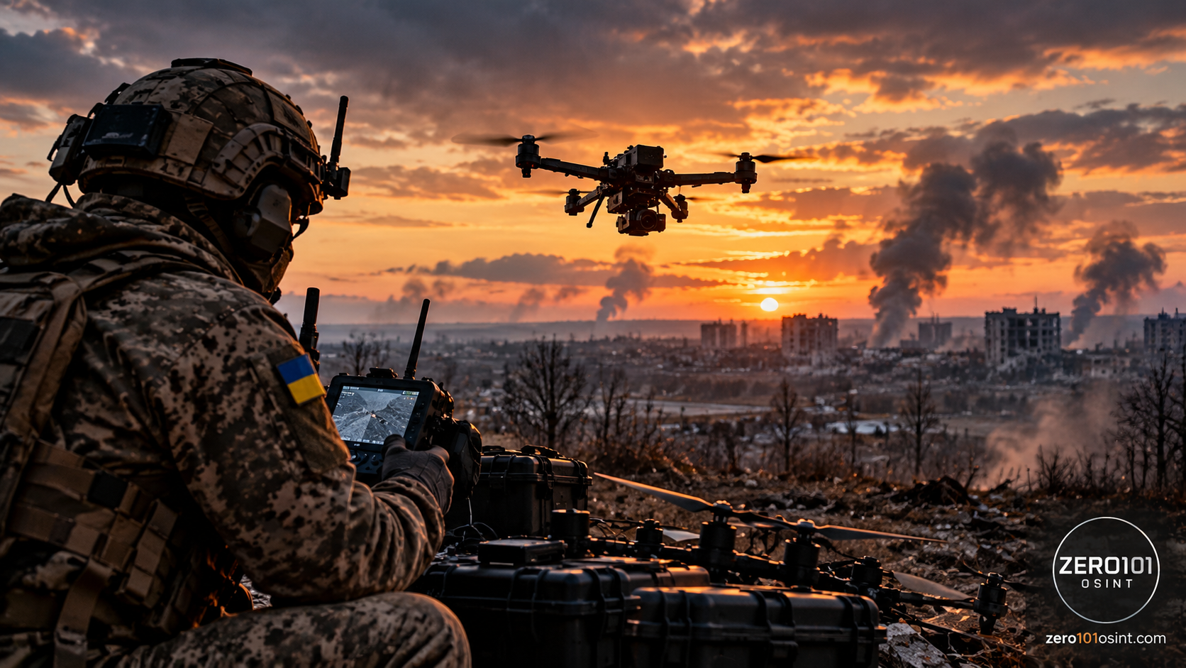Soldado operando el mando de un dron militar al atardecer frente a una ciudad en ruinas, sobre un paisaje de humo y destrucción