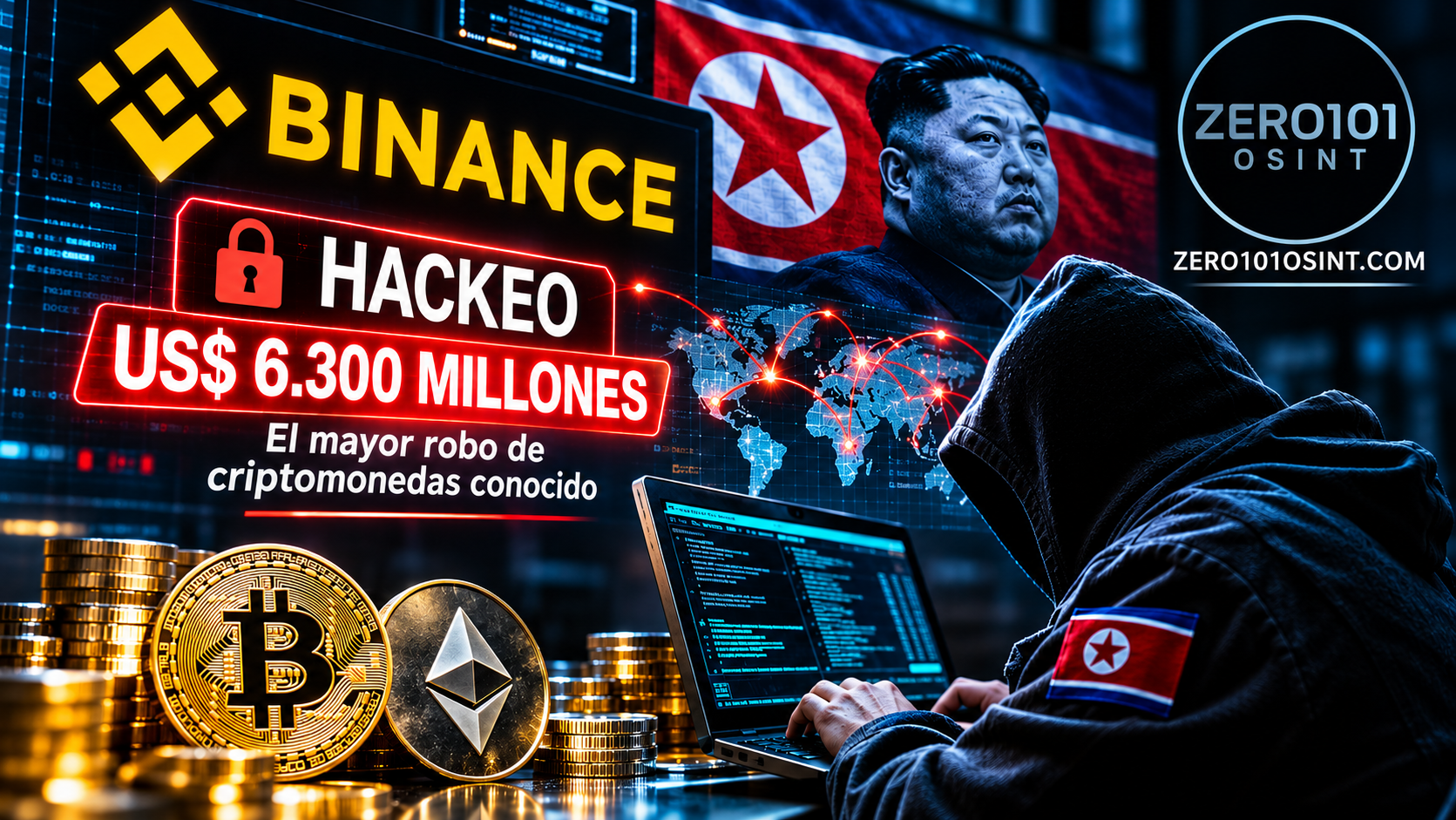 Ilustración editorial sobre el presunto hackeo a Binance: pantallas con el titular «Hackeo US$ 6.300 millones», monedas de bitcoin y ether, un mapa de conexiones y un operador encapuchado con el emblema de Corea del Norte